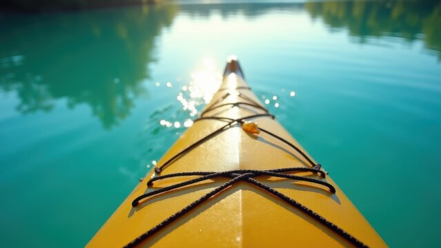 kayak paddle cutting turquoise lake surface