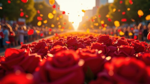 rose festival parade float with blooming petals