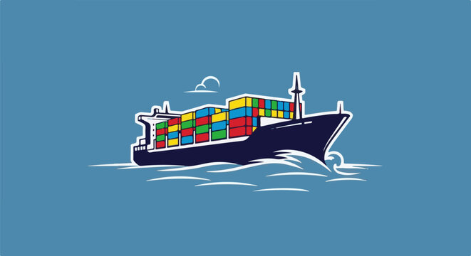A stylized cargo ship with colorful containers sails on blue water under a pale blue sky