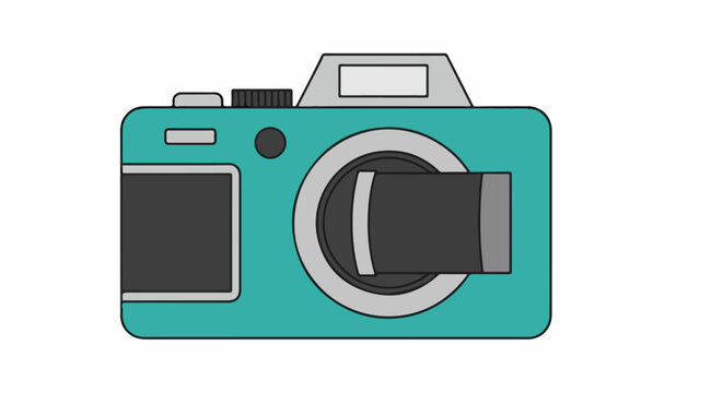 A stylized, cartoonish, teal digital camera with a black lens and a silver ring
