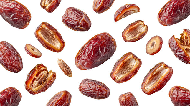 Mixed collection of fresh and dried dates, whole, sliced, and halved, scattered on a transparent background.