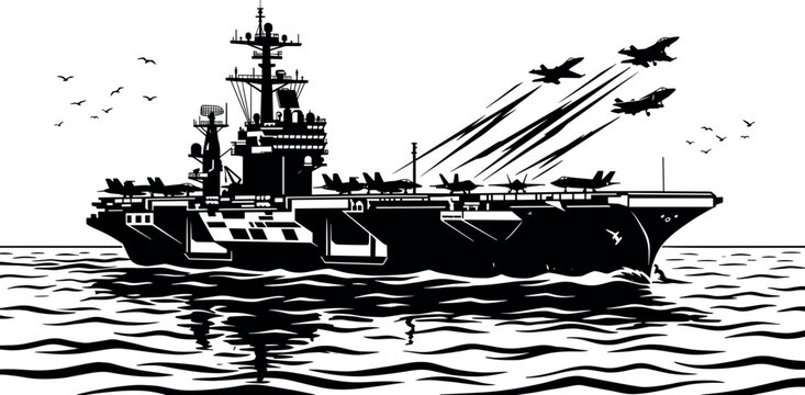 Military Aircraft Carrier Warship Silhouette Vector with Fighter Jets Launching from Flight Deck on Sea Ocean Waves Background Black and White Illustration