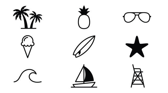 Summer holiday beach icons set featuring palm trees pineapple sunglasses ice cream surfboard starfish wave boat.