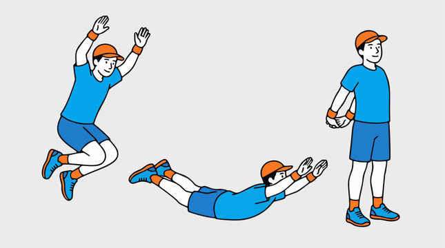 Flat design line art illustration of a young man doing explosive jumps, superman back extensions, and standing chest stretches