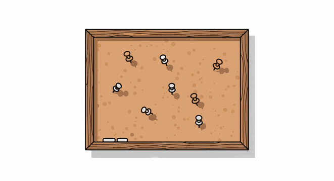 A simple illustration of a corkboard with several pins and small white shapes