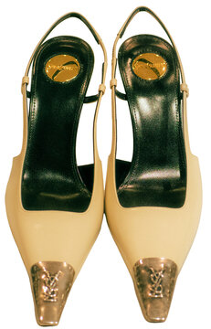Saint Laurent Jaenne slingbacks, a famous style of luxury women&rsquo;s shoes featuring a metal toe cap with the Cassandre logo.Milan - Italy,20 May 2026