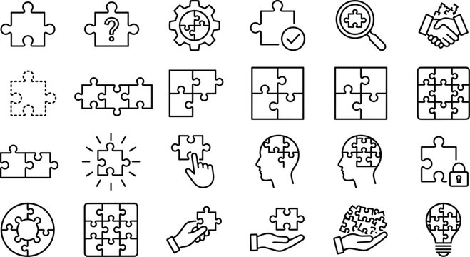 puzzle and problem solving vector line icon set featuring business strategy integration teamwork and creative thinking symbols