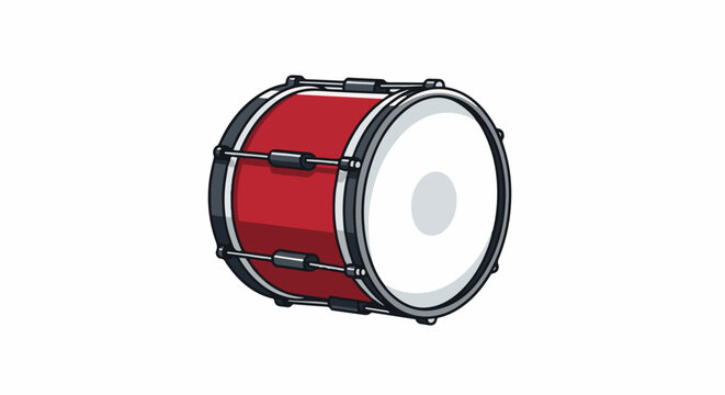 A red bass drum with silver accents and white drumheads, presented from a side angle