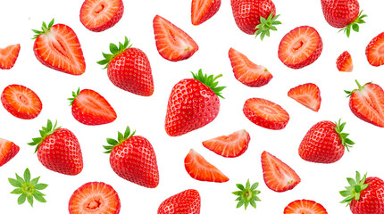 Delicious ripe whole and half-cut strawberries scattered, highlighting freshness on a transparent background. © Dale