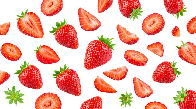 Delicious ripe whole and half-cut strawberries scattered, highlighting freshness on a transparent background.