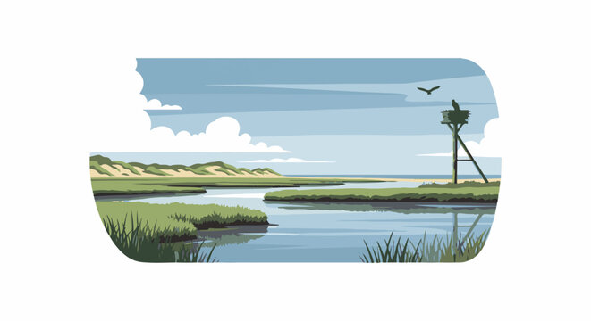 A serene marsh scene with winding waterways, grassy banks, and a bird's nest on a tall post