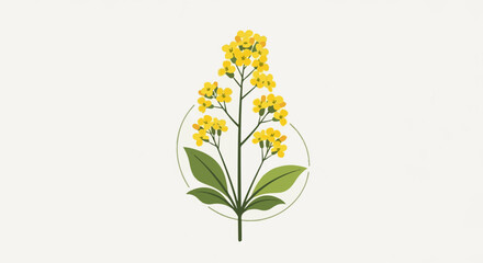Obraz premium A simple illustration of a flowering plant with yellow blossoms and green leaves within a circular border