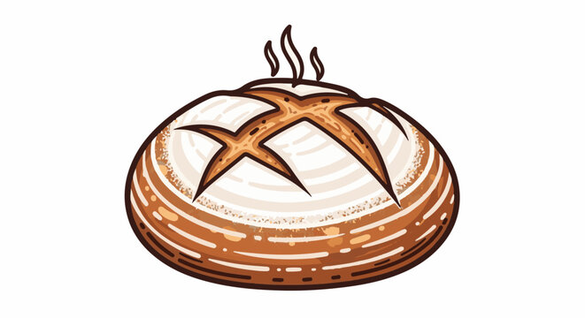 A round loaf of crusty bread, with scoring on top and rising steam, on a white background
