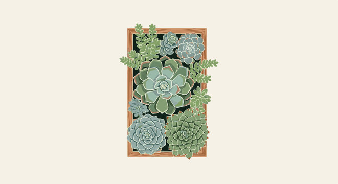 A rectangular wooden frame displays a collection of stylized succulents in various green and blue hues