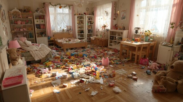 A child&rsquo;s bedroom in complete disarray, with toys strewn everywhere, illustrates the problem of chaos and will serve as a vivid backdrop for articles on parenting and tidying up.