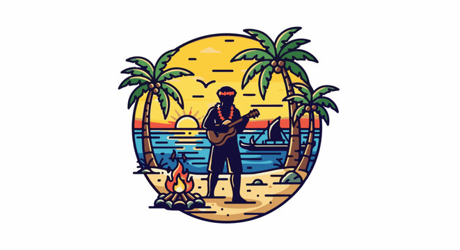 A silhouette of a person playing guitar on a beach at sunset with palm trees and a campfire