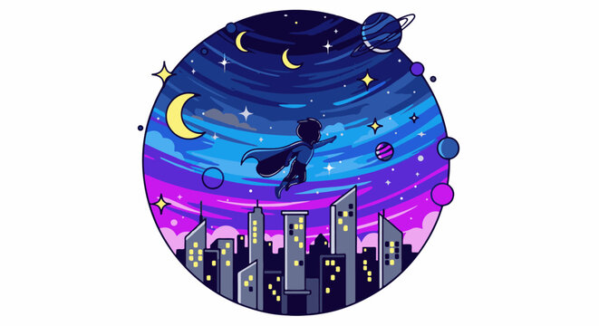 A silhouette of a superhero in a cape soars above a stylized city skyline against a cosmic backdrop of planets and stars