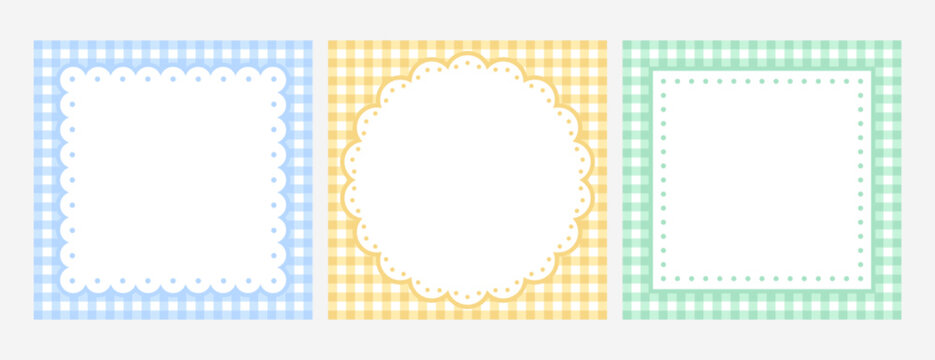 Lace frames on vichy check seamless background. Empty border template design in pastel color. Round and square crochet doily. Gingham checkered geometric texture for tablecloth textile, picnic blanket