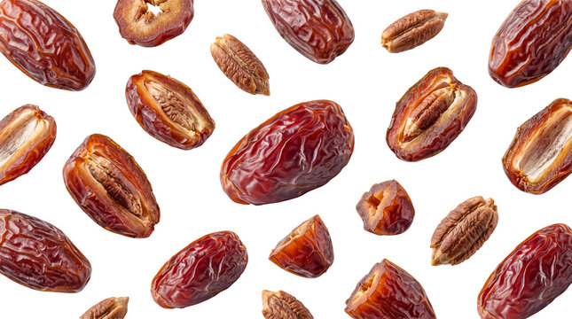 Assortment of fresh and dried dates, whole and halved, with pits, scattered on a transparent background.