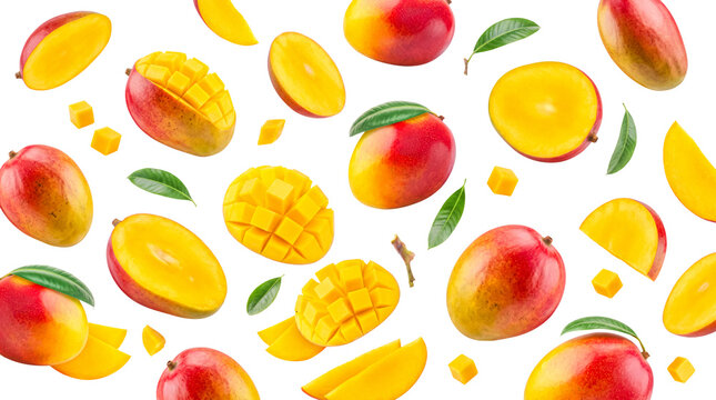 Vibrant, ripe mangoes and succulent slices, complete with green leaves, expertly isolated on a transparent background.