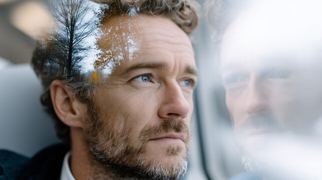 Lonely Man Staring Through Train Window with Memories of Happier Moments with Loved Ones Walking Through Golden Autumn Parks Inside His Silhouette


