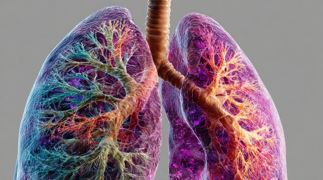 Transparent lungs with coloured bronchi serve as a medical backdrop for articles on the respiratory system and health.