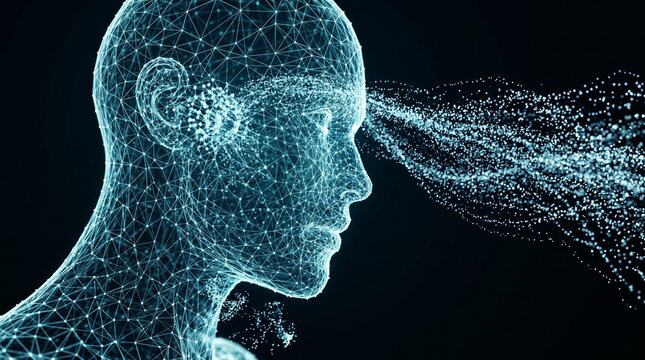 Abstract network of lines and dots forming human head silhouette with data streaming from forehead representing artificial intelligence and digital transformation concept on black background.