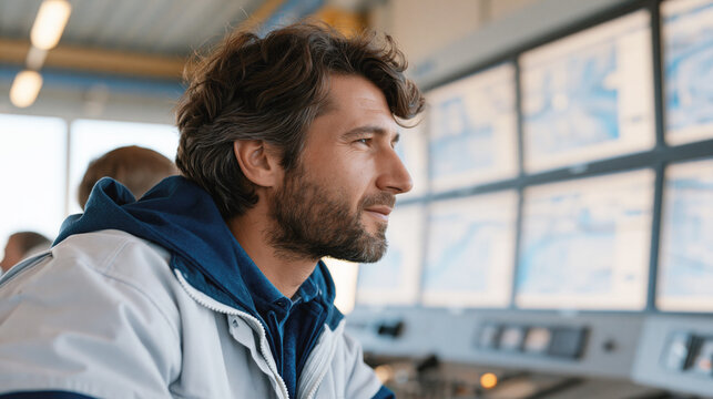 Engineer monitors desalination plant control screens overnight, checking salinity, pressure and membrane data during industrial water filtration optimization.
