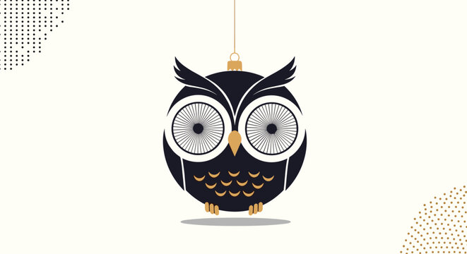 Cute owl illustration designed as a round Christmas ornament with intricate gold details on a warm cream background with dotted patterns.