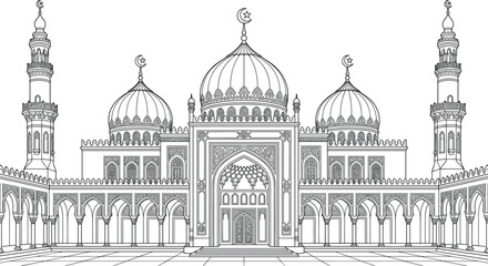 Islamic Mosque Building Front Elevation Line Art Vector Outline Illustration with Domes Minarets Crescent Moons and Arabesque Architecture Details © Nexivo! 