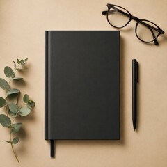 Carnet noir minimaliste avec lunettes stylo et eucalyptus