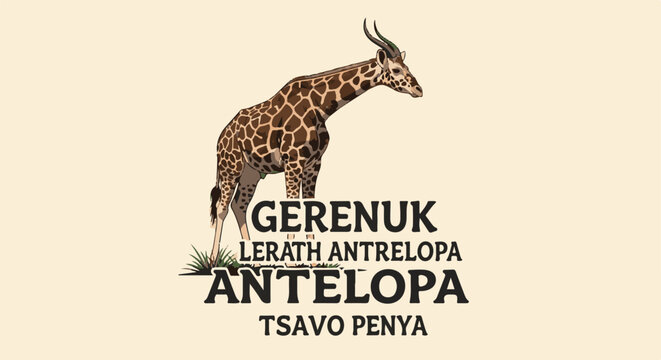A stylized Gerenuk antelope with a distinctive patterned coat stands on grass, text below