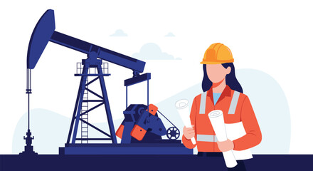Fototapeta premium Female petroleum engineer wearing a hard hat and holding blueprints standing in front of an oil pump jack and a clear blue sky for industry concept.
