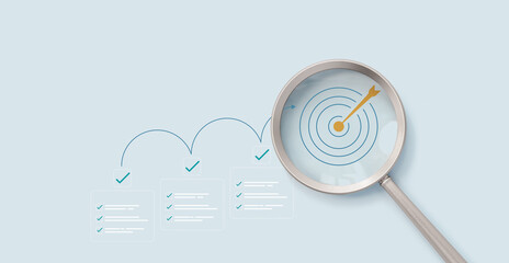 Fototapeta na wymiar Magnifying glass focus on planning goals with digital checklist and target strategy, success achievement steps, corporate project management, performance tracking, and strategic growth objectives