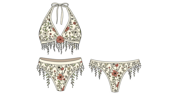 Fashionable bikini set featuring a floral print and decorative hanging fringe on both the top and bottoms for a bohemian summer beach style look.