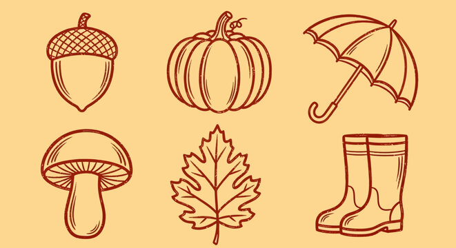 Autumn, fall icons, seasonal symbols, vector illustrations, 6 elements