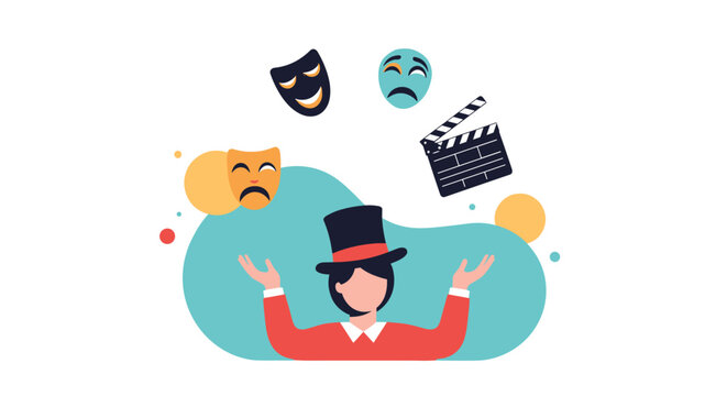 Talented theater actor or magician juggling masks and a movie clapperboard to represent various performing arts genres.