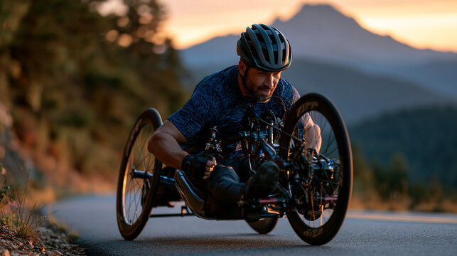 Adaptive handcycle athlete cresting a steep road incline at sunrise, arms driving hard, mountain ridgeline backlit in gold behind, perfect for adaptive cycling, Paralympic endurance, and contemporar
