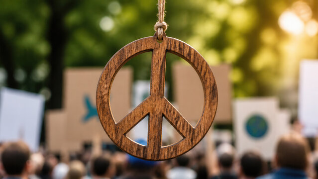 Wooden Peace Symbol Hanging At Outdoor Protest