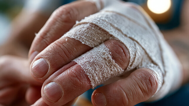 Close-up of athletic tape being wrapped with precision around a rock climber's split ring finger against a sterile white background, technique visible in every loop, perfect for climbing injury prev