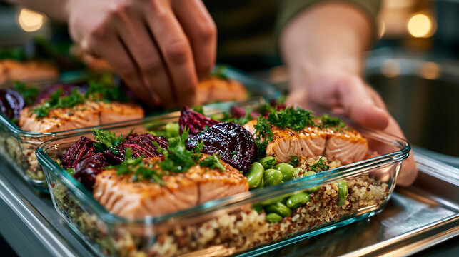 Close-up of athletic hands arranging vibrant meal prep containers filled with salmon, quinoa, roasted beets, and edamame across a stainless steel kitchen counter, perfect for nutrition planning, ath