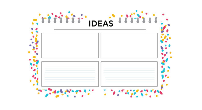 Blank ideas notebook template with two sections for drawings and notes surrounded by a colorful confetti border design.