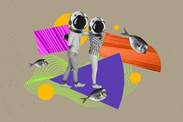 Fototapeta premium Composite collage pop zine image of peope wear helmet scuba diver under water fishing vacation journey aquarium habitat explore