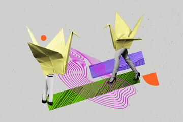 Obraz premium Creative drawing full image collage picture of origami bird crane friends couple walk meeting asian traditional folded paper