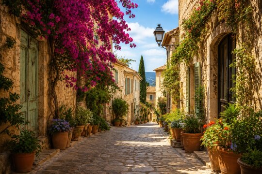 Ruelle m&eacute;diterran&eacute;enne fleurie avec fa&ccedil;ades en pierre au soleil