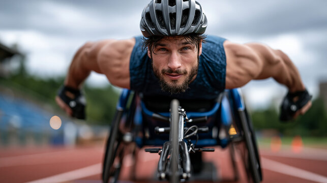 Paralympic sprinter in a carbon-fiber racing wheelchair exploding from starting blocks on an outdoor track, dramatic overcast sky above, muscles taut, perfect for adaptive sports, Paralympic inspira