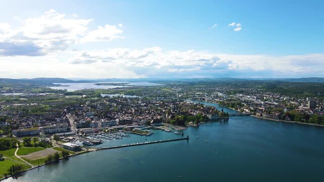 High static panorama over Konstanz old town and Rhine arm