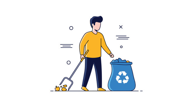 Environmentally conscious man using a pitchfork to clean up organic waste and put it into a blue recycling bag on a white background.