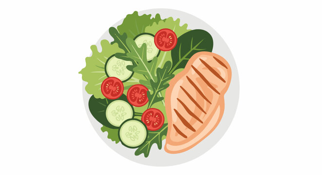 A plate of grilled chicken breast served with a fresh salad of lettuce, tomatoes, and cucumbers