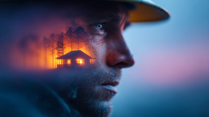 Firefighter Covered in Smoke and Ash with Peaceful Family Home Glowing Warmly at Sunset Inside Silhouette Emotional Storytelling Heroic Cinematic Realism   © piai